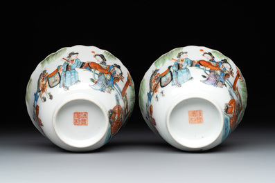 A pair of Chinese famille rose cups and saucers with figural design, Xianfeng mark and of the period