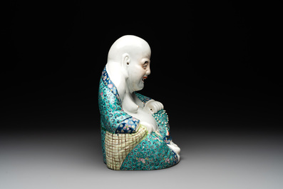 A Chinese famille rose turquoise-ground Milefo Buddha, Wan Tong Shun 萬同順 mark, Republic