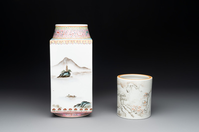A Chinese famille rose 'cong' vase and a grisaille and iron-red-decorated brush pot, Jingdezhen mark, 20th C.