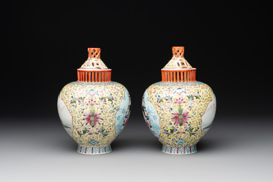 A pair of Chinese famille rose covered vases and a plate, Kangxi and Qianlong mark, 20th C.