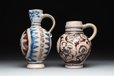 Two Westerwald stoneware jugs, one dated 1715, 18th C.