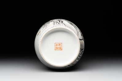 A Chinese grisaille 'winter landscape' vase, Qianlong mark, 20th C.