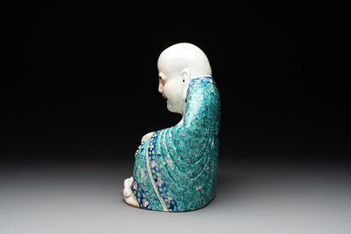 A Chinese famille rose turquoise-ground Milefo Buddha, Wan Tong Shun 萬同順 mark, Republic