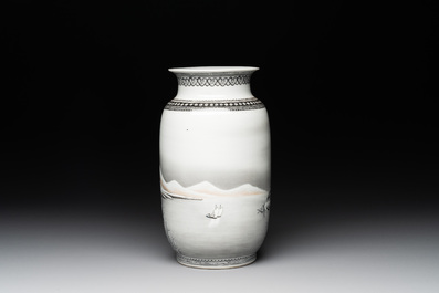 A Chinese grisaille 'winter landscape' vase, Qianlong mark, 20th C.