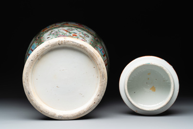 A pair of Chinese Canton famille rose vases and covers with narrative design, 19th C.