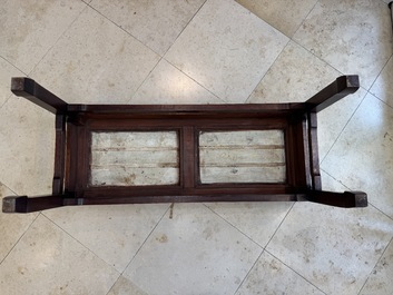 A Chinese hardwood low table with two famille rose plaques, Republic