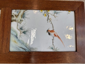 A Chinese hardwood low table with two famille rose plaques, Republic