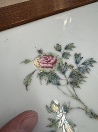 A Chinese hardwood low table with two famille rose plaques, Republic