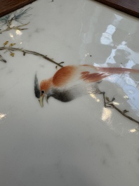A Chinese hardwood low table with two famille rose plaques, Republic