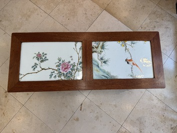A Chinese hardwood low table with two famille rose plaques, Republic