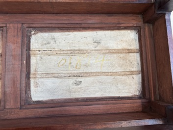 A Chinese hardwood low table with two famille rose plaques, Republic