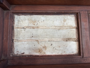 A Chinese hardwood low table with two famille rose plaques, Republic