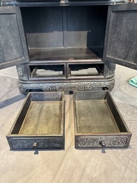 A Chinese zitan wood 'duo bao ge' cabinet of curiosities with carved floral design, 19th C.