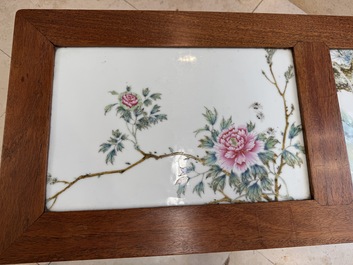 A Chinese hardwood low table with two famille rose plaques, Republic