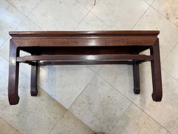 A Chinese hardwood low table with two famille rose plaques, Republic