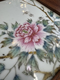 A Chinese hardwood low table with two famille rose plaques, Republic