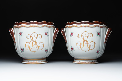 A pair of famille rose-style wine coolers with arms of King Louis XV of France, Samson, Paris, 19th C.