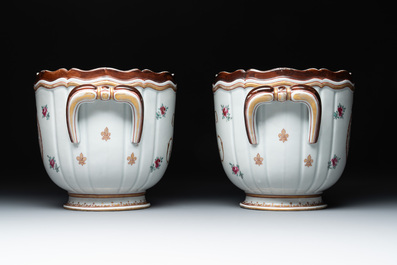 A pair of famille rose-style wine coolers with arms of King Louis XV of France, Samson, Paris, 19th C.