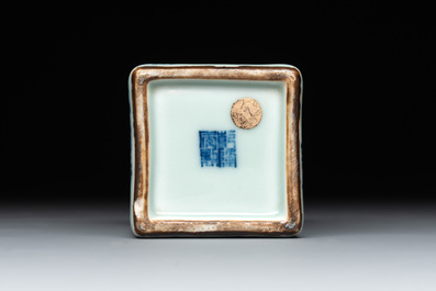 A Chinese blue and white celadon-ground square brush pot, Qianlong mark, 19/20th C.