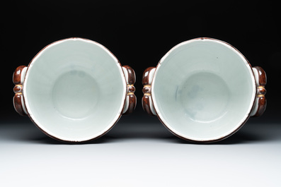 A pair of famille rose-style wine coolers with arms of King Louis XV of France, Samson, Paris, 19th C.