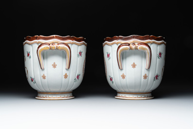 A pair of famille rose-style wine coolers with arms of King Louis XV of France, Samson, Paris, 19th C.