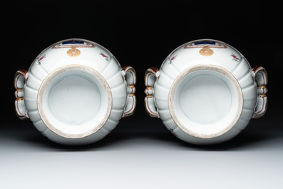 A pair of famille rose-style wine coolers with arms of King Louis XV of France, Samson, Paris, 19th C.