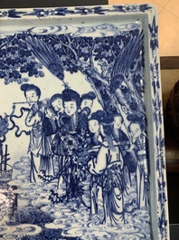 A massive Chinese blue and white rectangular 'Chang'e' tray or plaque, 19th C.