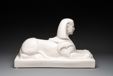 A pair of large white-glazed shop display models of sphinxes, Petrus Regout, Maastricht, 20th C.