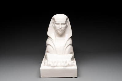 A pair of large white-glazed shop display models of sphinxes, Petrus Regout, Maastricht, 20th C.