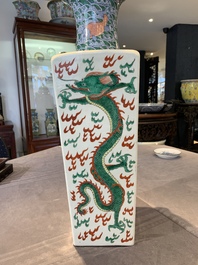 A pair of Chinese famille verte 'dragon' vases and wooden stands, Chenghua mark, 19th C.