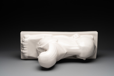 A pair of large white-glazed shop display models of sphinxes, Petrus Regout, Maastricht, 20th C.