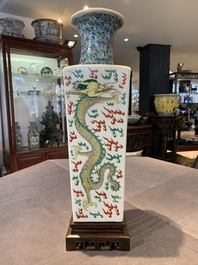 A pair of Chinese famille verte 'dragon' vases and wooden stands, Chenghua mark, 19th C.