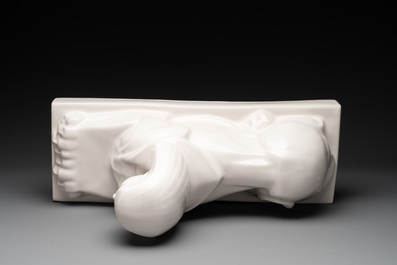 A pair of large white-glazed shop display models of sphinxes, Petrus Regout, Maastricht, 20th C.