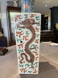 A pair of Chinese famille verte 'dragon' vases and wooden stands, Chenghua mark, 19th C.