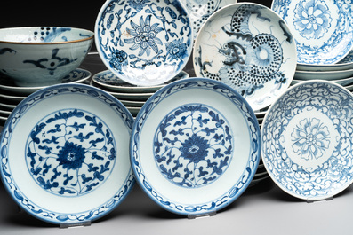 An impressive collection of 50 Chinese Dehua blue and white wares, 19th C.