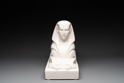 A pair of large white-glazed shop display models of sphinxes, Petrus Regout, Maastricht, 20th C.