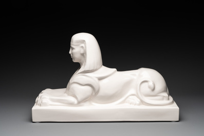 A pair of large white-glazed shop display models of sphinxes, Petrus Regout, Maastricht, 20th C.