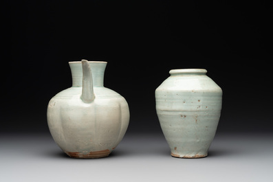 A pale celadon-glazed vase, a jar and a ewer, Asia, 19th C and later