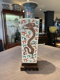 A pair of Chinese famille verte 'dragon' vases and wooden stands, Chenghua mark, 19th C.