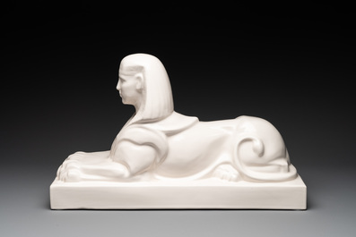 A pair of large white-glazed shop display models of sphinxes, Petrus Regout, Maastricht, 20th C.