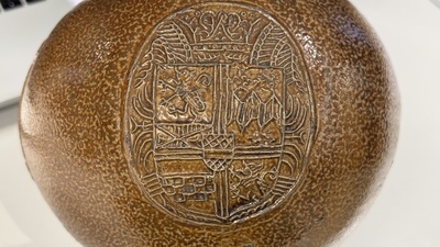 A globular stoneware jug with three coat of arms medallions, Germany, 16th C.
