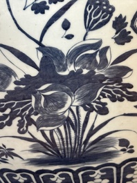 A large Chinese blue and white fish bowl with birds, deer, insects and flowering branches, 19th C.
