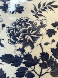 A large Chinese blue and white fish bowl with birds, deer, insects and flowering branches, 19th C.