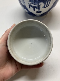 Two Chinese blue and white 'peonies' and 'peonies and antiquities' jars and covers, 19th C.