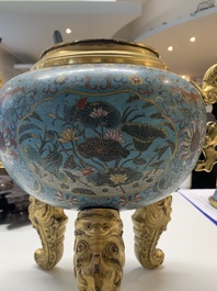 An impressive Chinese cloisonn&eacute; 'dragon' censer and cover on wooden stand, Qianlong mark and of the period