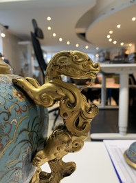An impressive Chinese cloisonn&eacute; 'dragon' censer and cover on wooden stand, Qianlong mark and of the period
