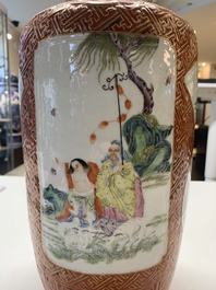 A Chinese famille rose coral-red-ground vase and a famille verte vase, 19th C.