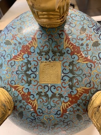 An impressive Chinese cloisonn&eacute; 'dragon' censer and cover on wooden stand, Qianlong mark and of the period