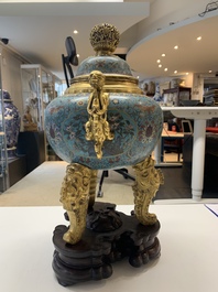 An impressive Chinese cloisonn&eacute; 'dragon' censer and cover on wooden stand, Qianlong mark and of the period