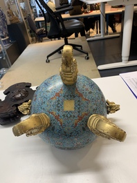 An impressive Chinese cloisonn&eacute; 'dragon' censer and cover on wooden stand, Qianlong mark and of the period